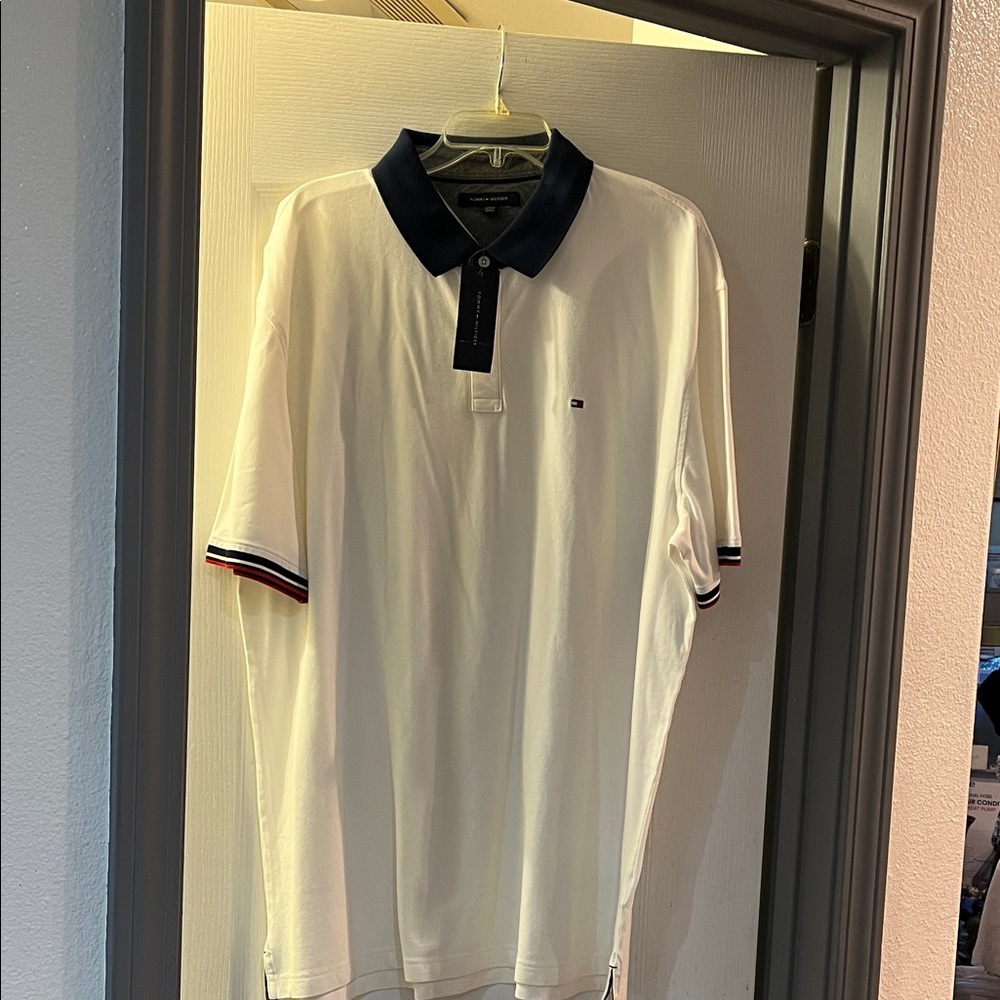 Tommy Hilfiger Men's White Polo with Navy Collar